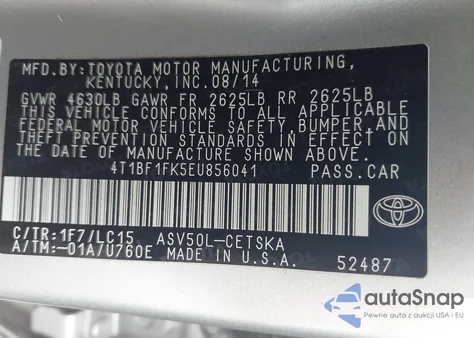 2014 Toyota Camry Se z USA, uszkodzony, nr VIN 4T1BF1FK5EU856041